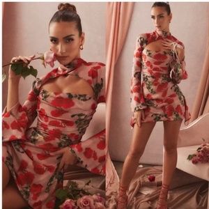 House of CB ‘Toira’ Satin Rose Print draped corset mini dress NWOT size Large
